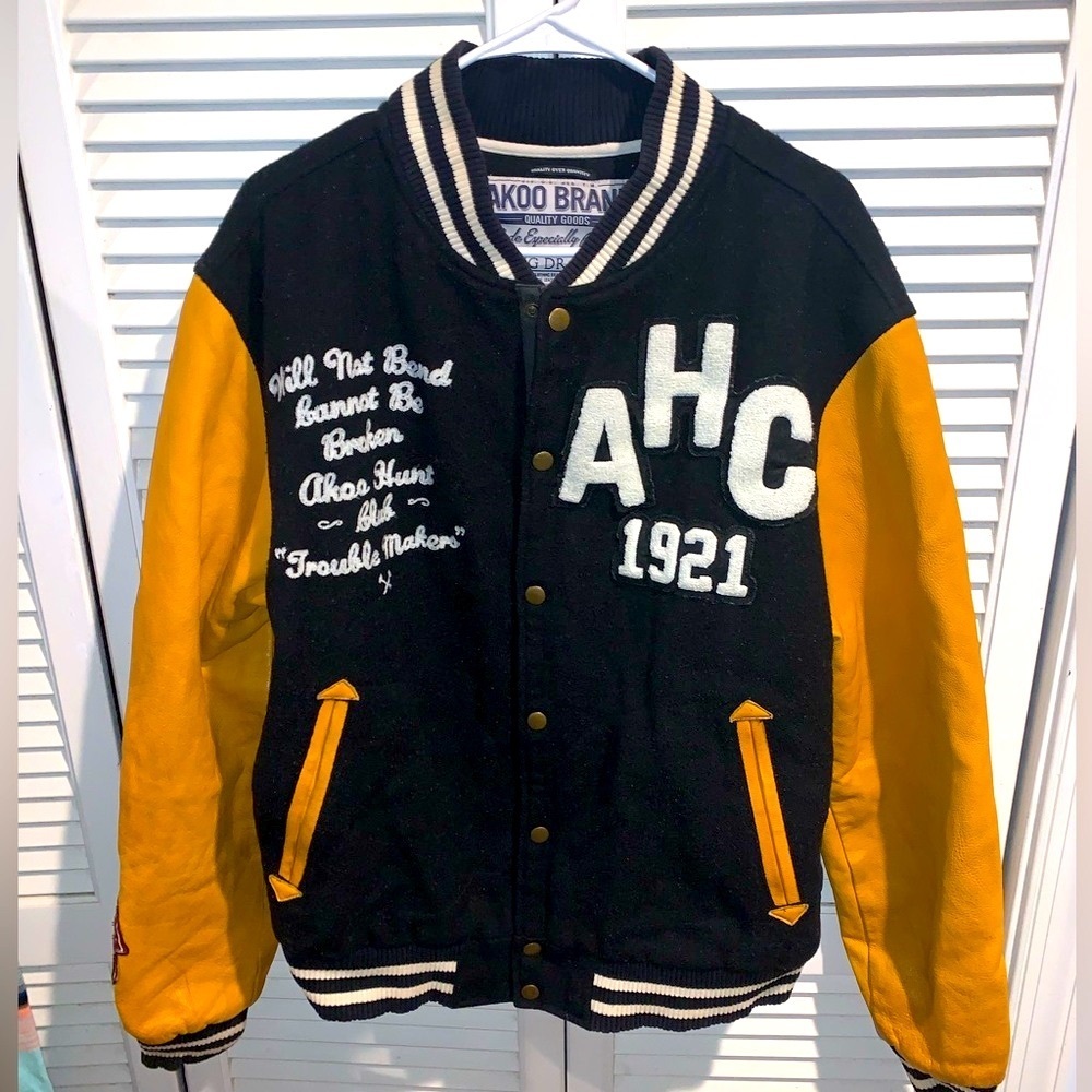 Akoo Brand Marauder Jet Black Wool Leather Letterman Jacket XL